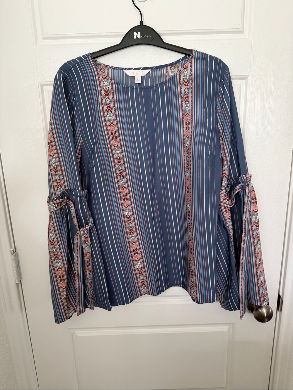 LC Lauren Conrad Navy Striped Tie-Sleeve Blouse with Pink Accents